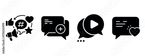 Social media icons: hashtag, chat, video, engagement symbols in black and white