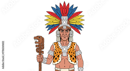 Majestic Aztec warrior with feathered headdress holding ornate staff isolated on transparent background for historical art