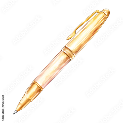 Watercolor Gold Ballpoint Pen Luxury Writing Instrument Vector Clipart
