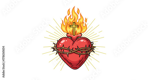 Sacred Heart of Jesus symbol of divine love and sacrifice with crown of thorns and cross isolated on transparent background