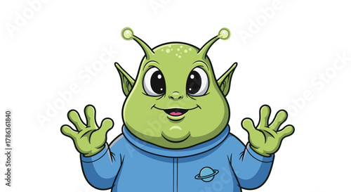 Friendly cartoon alien character waving hello with a happy expression isolated on transparent background