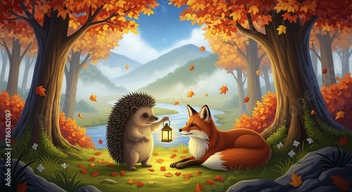 Cute hedgehog and fox in autumn forest with falling leaves and a lantern