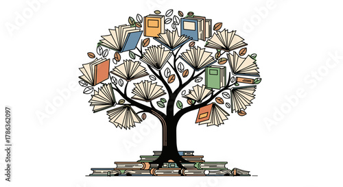 Abstract artistic tree of knowledge with open books growing on branches and stacked books at base isolated on transparent background