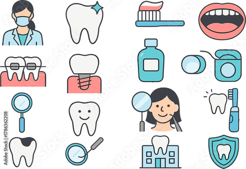 Dentist and Oral Hygiene Icons — Tooth Care, Dental Health, and Clinic Symbols