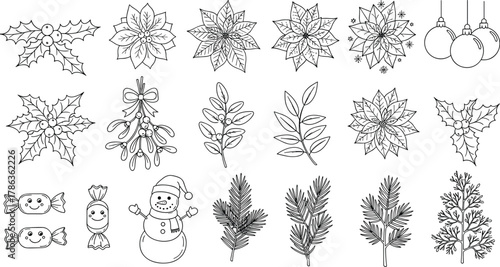 Holiday Decoration Outlines A Collection of Christmas Elements and Botanical Illustrations
