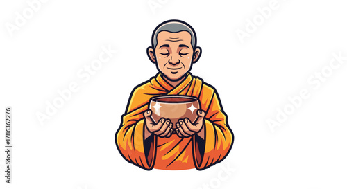 Peaceful Buddhist Monk Holds Alms Bowl With Serene Expression Isolated on Transparent Background Calmness Meditation