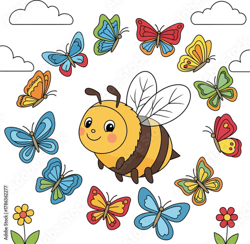 Cute Bumblebee Surrounded by Colorful Butterflies - Whimsical Cartoon Nature Scene