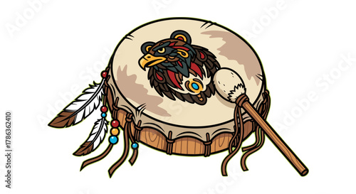 Authentic Native American Pow Wow Drum Artwork with Eagle Symbolism isolated on transparent background Ceremonial Music