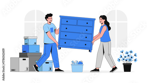 Illustration of couple moving furniture and boxes isolated on white background, new home concept