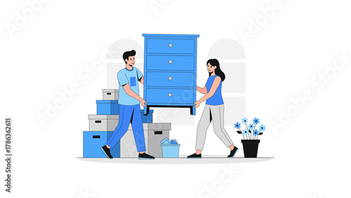 Illustration of couple moving furniture and boxes isolated on white background, new home concept