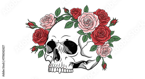 Gothic Skull With Roses Artistic Macabre Symbolism Vector Illustration Isolated on Transparent Background for Design