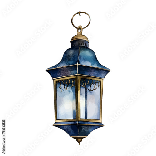 Watercolor Rustic Blue Metal Lantern with Gold Trim Vector Clipart
