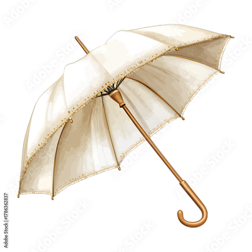 Watercolor Vintage White Parasol Umbrella with Wooden Handle Vector Clipart
