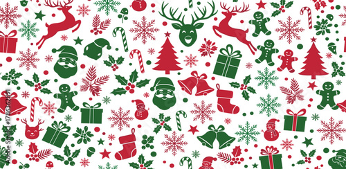 Festive Christmas Pattern of Holiday Icons with Santa, Reindeer, Snowflakes, and Candy Canes