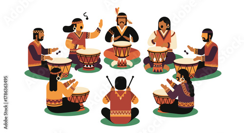 Vibrant indigenous people playing drums in a circle celebrating culture with joy and music isolated on transparent background