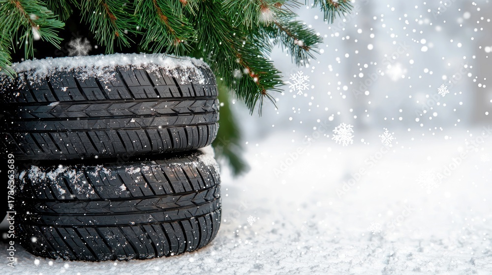 Obraz premium Winter tires are stacked on white snow as snowflakes fall, creating a chilly atmosphere in the early evening light