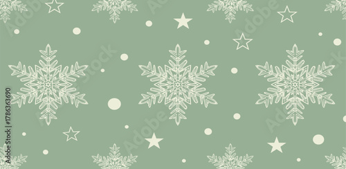 Elegant winter pattern with intricate snowflakes, charming stars, and subtle dots on a peaceful sage green background, ideal for holiday designs and festive decorations
