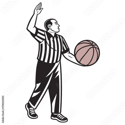 Basketball referee holding ball with hand raised on white background Keywords: basketball