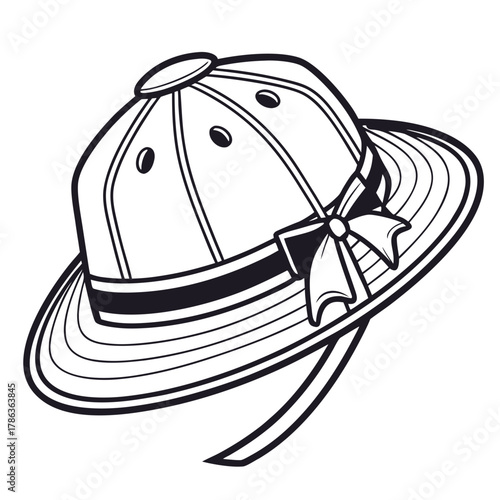 Pith helmet with ribbon and bow on white background Keywords: hat, helmet, pith helmet, safari