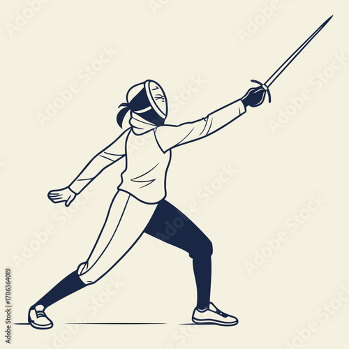 Fencer in Attack Pose with Dark Blue and White Tones Keywords: fencer, fencing, sport, athlete