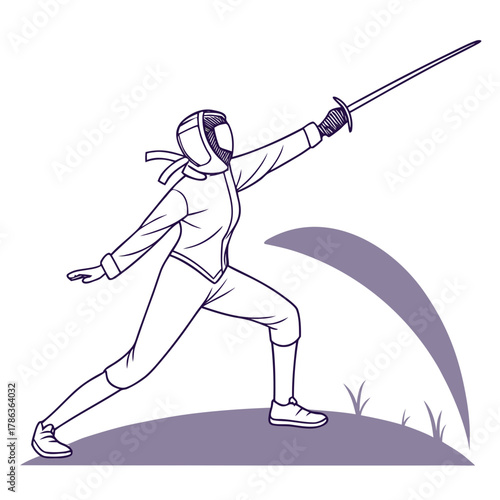 Fencer in Attack Pose with Purple Accents Keywords: fencer, fencing, sport, athlete, sword, foil