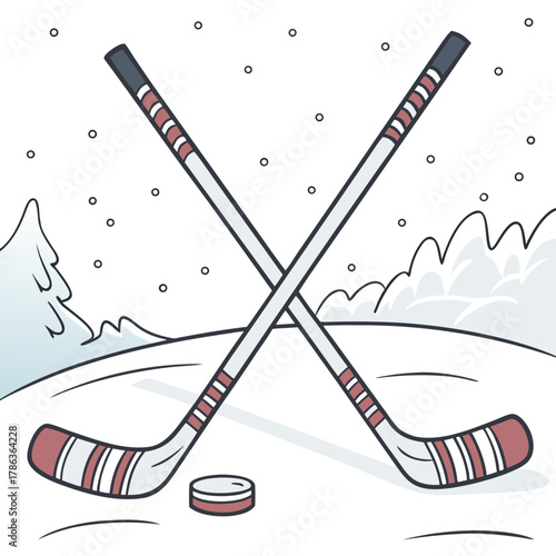 Crossed Hockey Sticks and Puck on Snowy Field with Winter Trees ice hockey