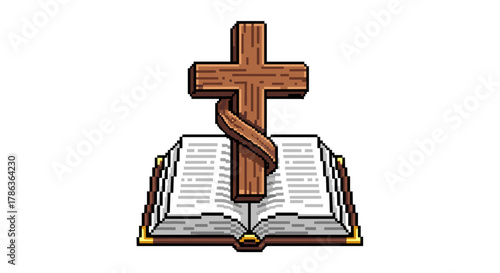 Wooden Christian Cross Resting on Open Holy Bible Isolated on Transparent Background Sacred Religious Symbol of Faith and Hope