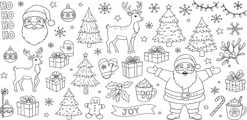 Obraz premium Collection of hand-drawn Christmas and New Year doodle elements. Festive outline illustrations of Santa, reindeer, and gifts for coloring pages