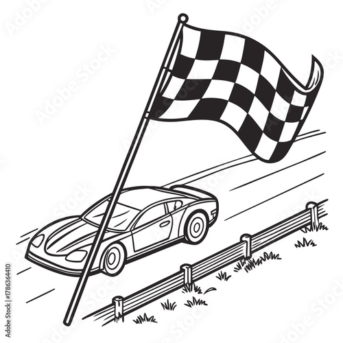Race Car Approaching Finish Line With Checkered Flag racing speed