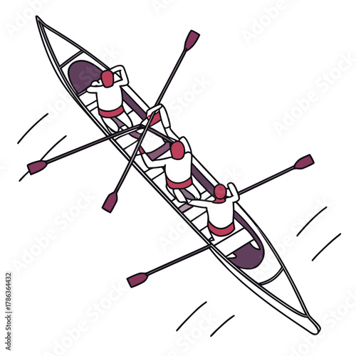 Three Person Rowing Team With Red Accents On White Background boat oars