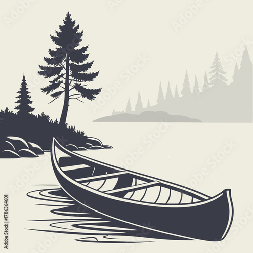 Empty canoe floating on water near a rocky shore with pine trees boat lake