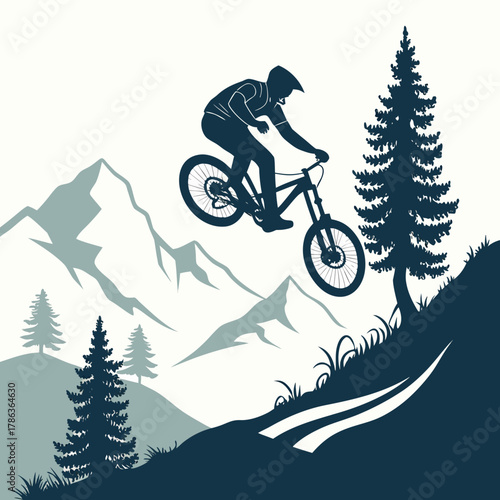Mountain biker jumping over a hill with pine trees and mountains mountain biking