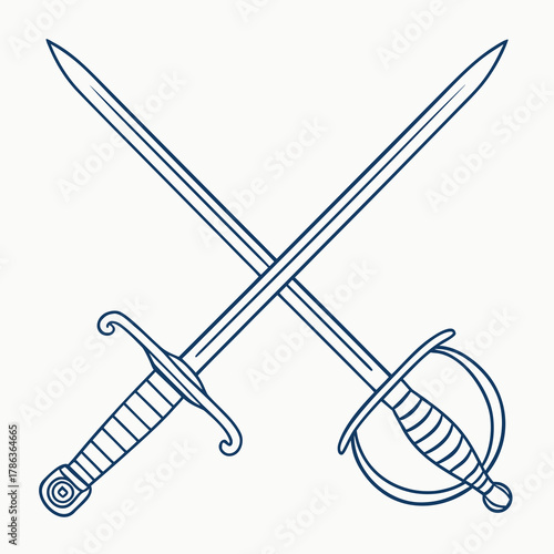 Two crossed swords with ornate hilts in outline style weapon duel