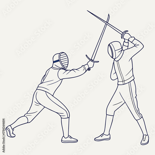 Two fencers in protective gear dueling with swords fencing sport