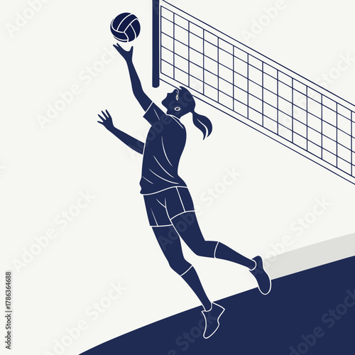 Female Volleyball Player Spiking Ball Over Net Silhouette vector illustration