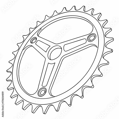 Line Drawing of a Three- Spoke Bicycle Chainring on White sprocket gear