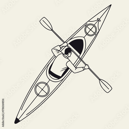 Single person kayaking with a paddle in a top-down view rowing canoe