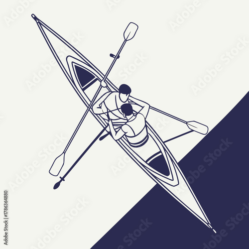 Two people rowing a kayak in a top-down view canoe boat