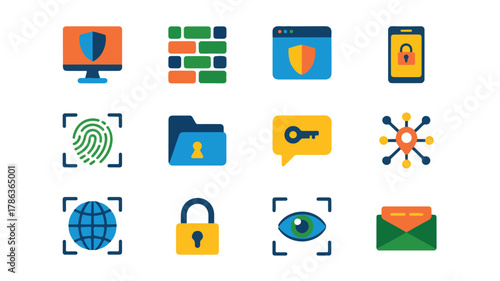 Security and technology icons computer firewall browser phone fingerprint folder key network globe padlock eye envelope