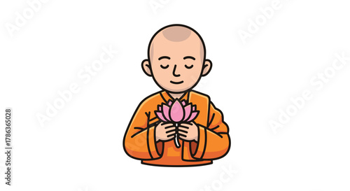 Young Buddhist monk meditating holding delicate lotus flower serene spiritual enlightenment symbol isolated on transparent background