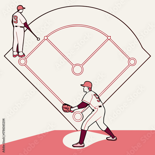 Baseball Field Diagram with Two Players and Batting Stance illustration