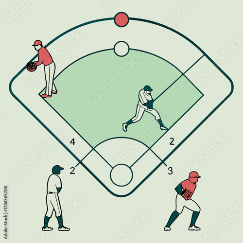 Baseball Field with Players and Position Numbers diagram illustration
