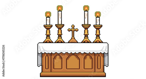 Five lit candles and Christian cross on altar white tablecloth isolated on transparent background for worship and prayer
