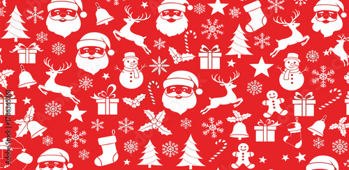 Festive Christmas Pattern Background with Santa, Snowman, Reindeer, and Gifts