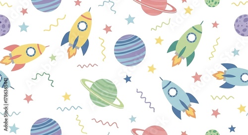 Seamless pattern with colorful rockets, planets, and stars on a white background