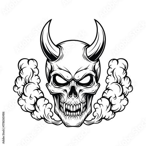 A detailed black and white drawing of a fearsome demon skull, complete with sharp horns and wisps of smoke emanating from its mouth, perfect for dark themes.