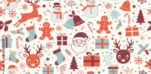 Festive Christmas Pattern with Santa Claus, Snowmen, Reindeer, and Gifts - A Whimsical Holiday Design