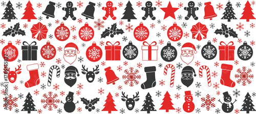 Vibrant and festive seamless Christmas holiday pattern featuring a delightful assortment of traditional winter elements, perfect for seasonal decorations, backgrounds, and celebratory designs