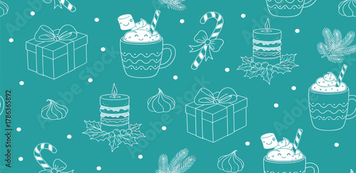 Festive seamless Christmas pattern featuring cozy winter holiday treats and gifts, perfect for festive backgrounds and wallpaper design