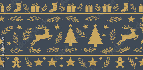 Festive Christmas Pattern with Reindeer, Pine Trees, Stars, and Stockings on Navy Blue Background
